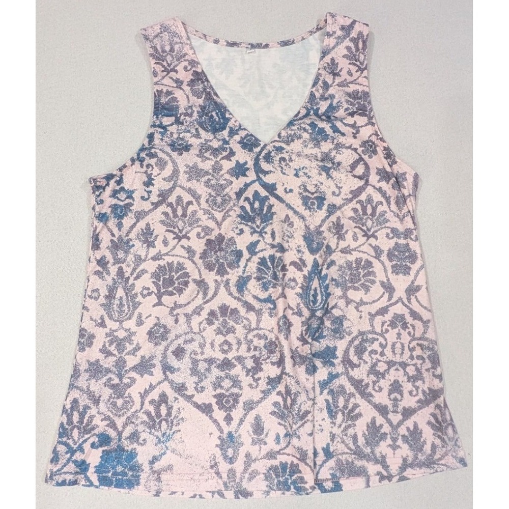 Tank Top Women S Pink Blue Excellent Damask Print V-Neck Sleeveless